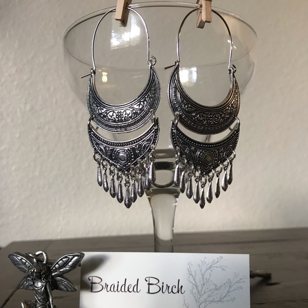 Silvertone Crescent Embossed Drop Earrings - Picture 2 of 4